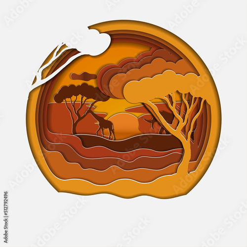 paper-cut postcards with savannah, giraffe and elephant on sunset background. vector illustration