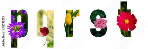 Floral letters. The letters p, q, r, s, t are made from colorful flower photos. A collection of wonderful flora letters for unique spring decorations and various creation ideas. 