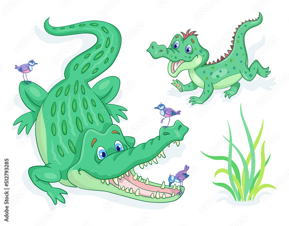 Happy alligator family. Big crocodile and small birds. One of the birds is cleaning the teeth of a crocodile. Little son is playing nearby. Vector illustration in cartoon style. Isolated on white Happy alligator family. Big crocodile and small birds. One of the birds is cleaning the teeth of a crocodile. Little son is playing nearby. Vector illustration in cartoon style. Isolated on white