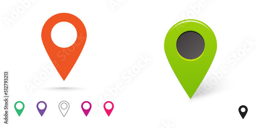 Pin map locate icon marker vector or flat and 3d position destination gps point graphic, place location information for navigation locator set, modern here indicator direction, target route pushpin
