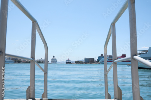 Obraz na plátně Modern ship gangway in sea port on sunny day