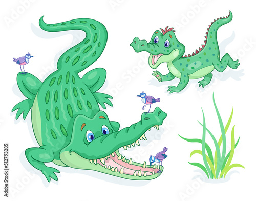 Happy alligator family. Big crocodile and small birds. One of the birds is cleaning the teeth of a crocodile. Little son is playing nearby. Vector illustration in cartoon style. Isolated on white