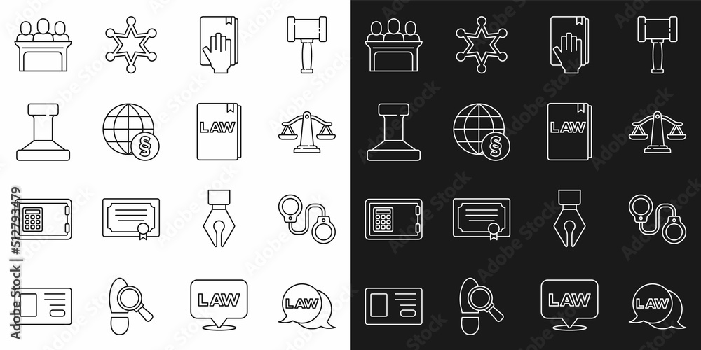 Set line Law, Handcuffs, Scales of justice, Oath on the Holy Bible, International law, Stamp, Jurors and book icon. Vector Set line Law, Handcuffs, Scales of justice, Oath on the Holy Bible, International law, Stamp, Jurors and book icon. Vector