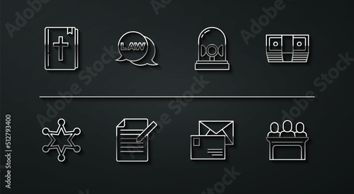 Set line Holy bible book, Hexagram sheriff, Bribe money cash, Envelope, Document and pen, Law, Jurors and Flasher siren icon. Vector