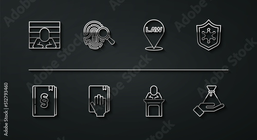 Set line Prisoner, Law book, Police badge, Judge, Oath the Holy Bible, Fingerprint, Bribe money bag and Location law icon. Vector