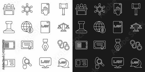 Set line Law, Handcuffs, Scales of justice, Oath on the Holy Bible, International law, Stamp, Jurors and book icon. Vector