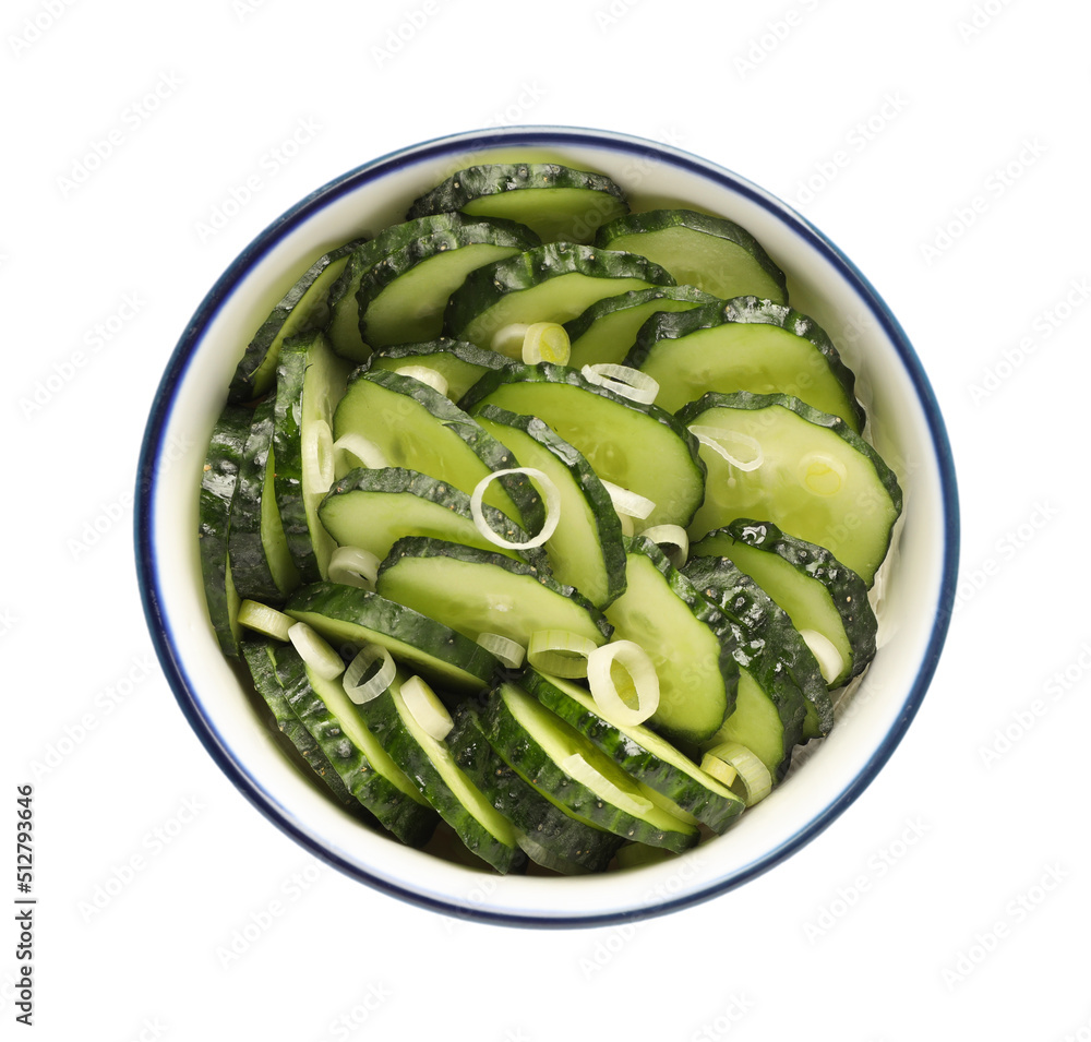 Appetizing salad with cucumbers and green onion in bowl isolated on white, top view Appetizing salad with cucumbers and green onion in bowl isolated on white, top view