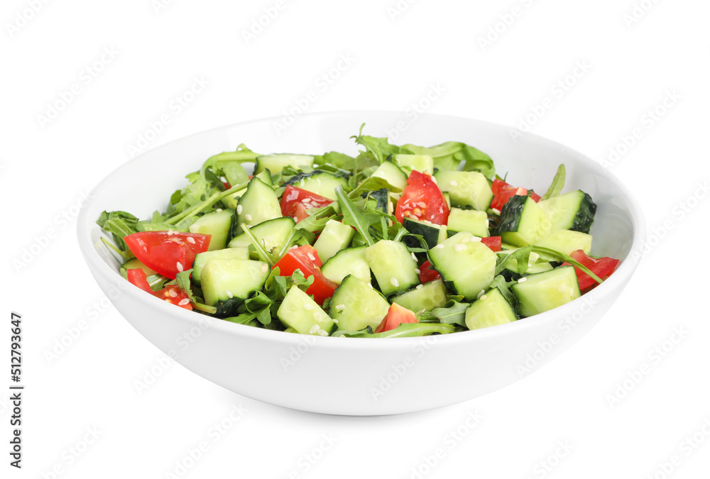 Delicious salad with cucumbers, tomatoes and sesame in bowl isolated on white Delicious salad with cucumbers, tomatoes and sesame in bowl isolated on white