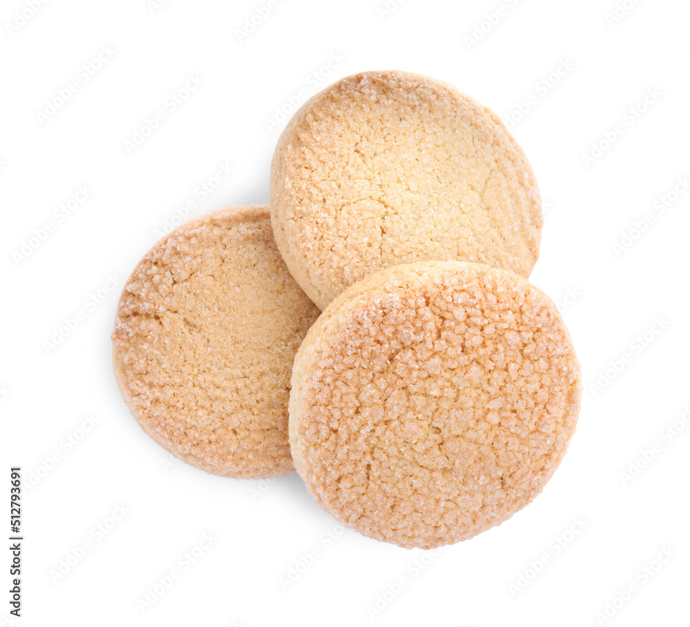 Three tasty sugar cookies isolated on white, top view Three tasty sugar cookies isolated on white, top view