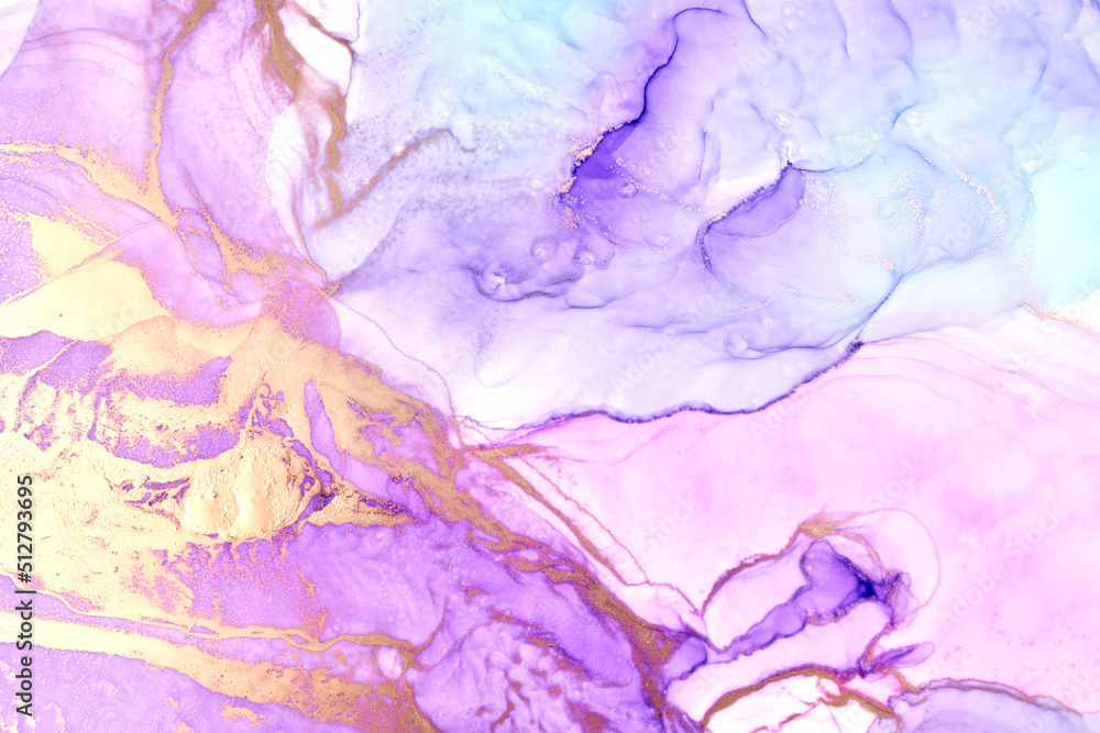 Lilac gold ink luxury abstract background, marble texture, fluid art pattern wallpaper, violet paint mix underwater wavy spots and stains