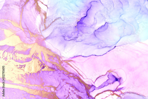 Lilac gold ink luxury abstract background  marble texture  fluid art pattern wallpaper  violet paint mix underwater wavy spots and stains
