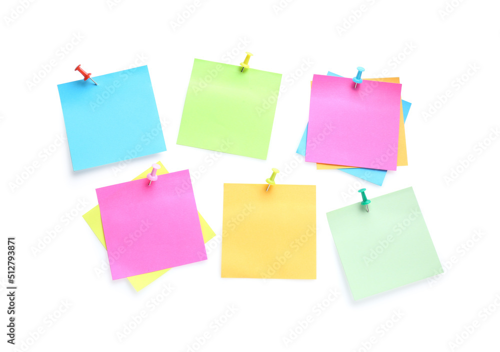 Blank colorful notes pinned on white background, top view. Space for text Blank colorful notes pinned on white background, top view. Space for text