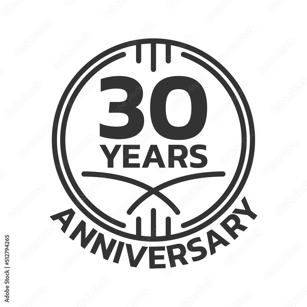 30th Anniversary logo or icon. 30 years round stamp design. Birthday celebrating, jubilee circle badge or label template. Vector illustration.