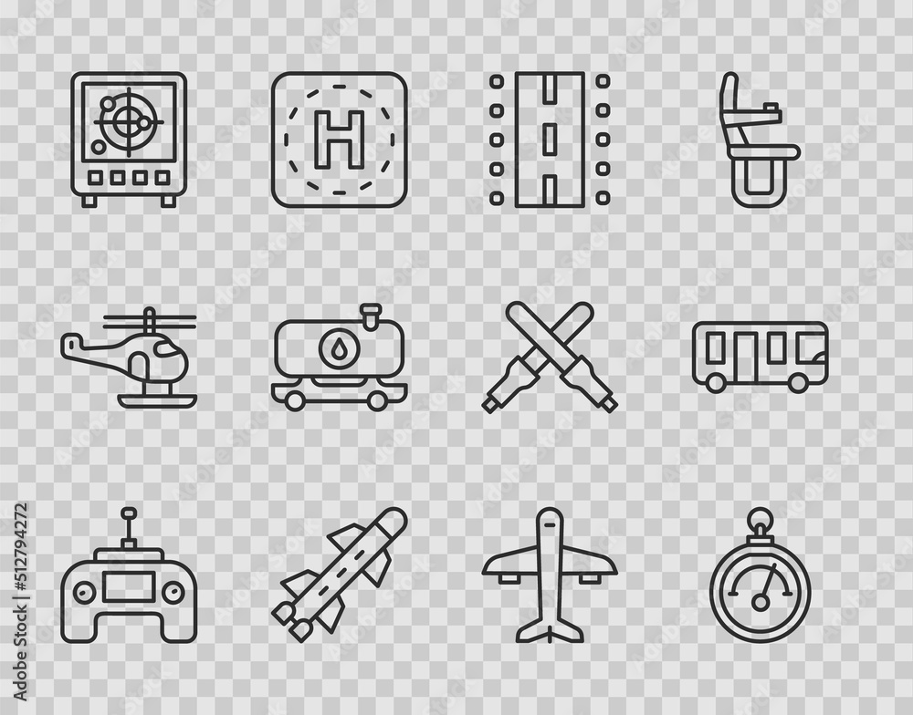 Set line Drone remote control, Barometer, Airport runway, Rocket, Radar with targets monitor, Fuel tanker truck, Plane and bus icon. Vector Set line Drone remote control, Barometer, Airport runway, Rocket, Radar with targets monitor, Fuel tanker truck, Plane and bus icon. Vector