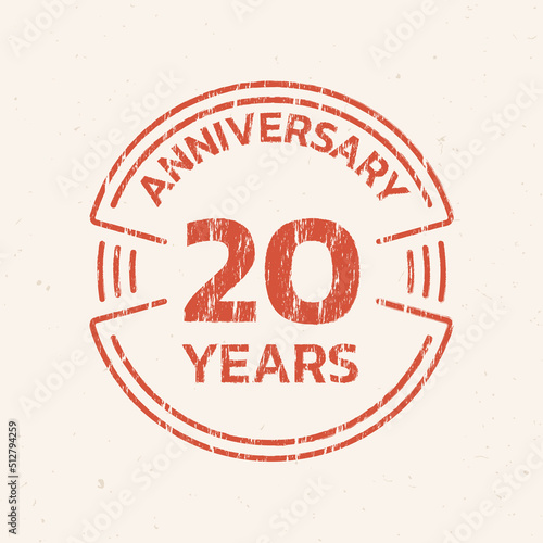 20th Anniversary logo or icon. 20 years round stamp design with grunge, rough texture. Birthday celebrating, jubilee circle badge or label template. Vector illustration.