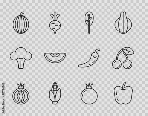 Set line Tomato, Apple, Spinach, Corn, Watermelon, Melon fruit, and Cherry icon. Vector