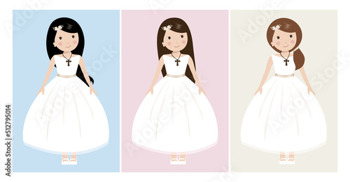 Lovely set of girls for First Communion. Isolated vector of holy communion girl.