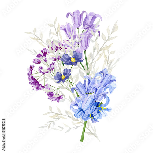 Violet floral bouquet watercolor illustration wedding card with hand drawn boho flower bluebells and wildflowers. Elegant garden blue and white flowers in color trendy very peri.