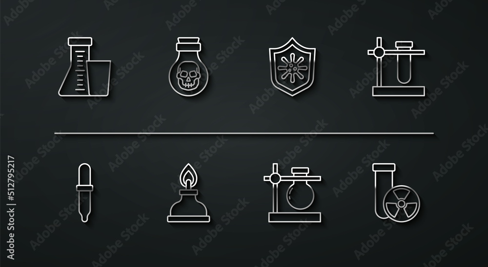 Set line Test tube and flask, Pipette, on stand, Alcohol or spirit burner, Poison in bottle, radiation and Shield protecting from virus icon. Vector Set line Test tube and flask, Pipette, on stand, Alcohol or spirit burner, Poison in bottle, radiation and Shield protecting from virus icon. Vector