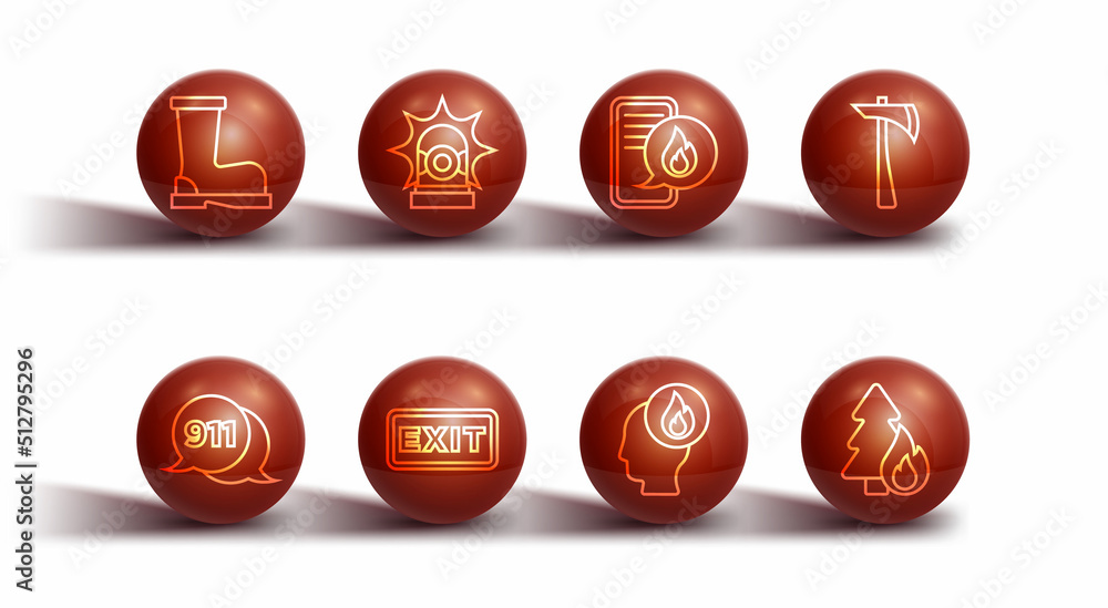 Set line Fire boots, Telephone call 911, Firefighter axe, exit, Flasher siren, Burning forest tree and Phone with emergency icon. Vector Set line Fire boots, Telephone call 911, Firefighter axe, exit, Flasher siren, Burning forest tree and Phone with emergency icon. Vector