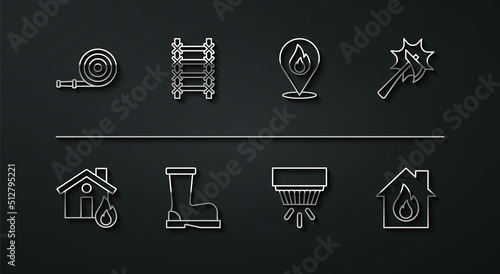 Set line Fire hose reel, in burning house, Firefighter axe, Smoke alarm system, boots, escape, and Location with fire flame icon. Vector