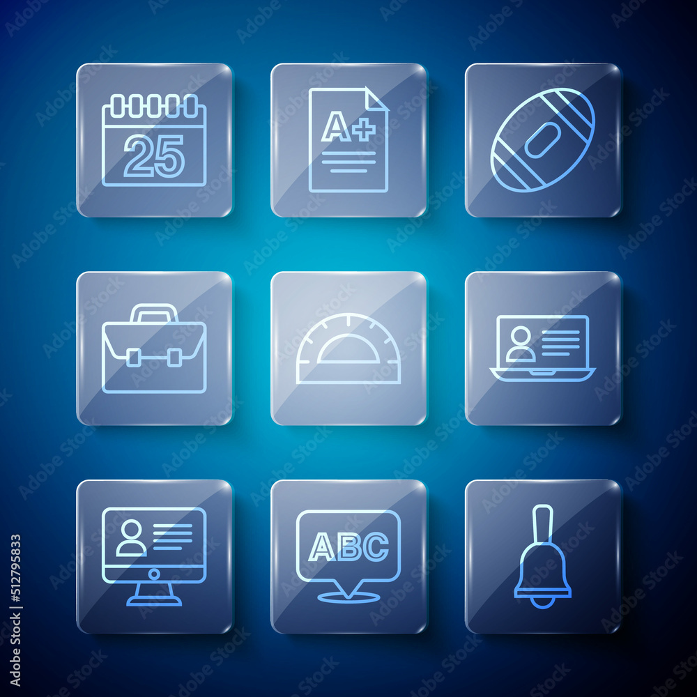 Set line Online class, Alphabet, Ringing bell, American Football ball, Protractor grid, Briefcase, Calendar and icon. Vector Set line Online class, Alphabet, Ringing bell, American Football ball, Protractor grid, Briefcase, Calendar and icon. Vector