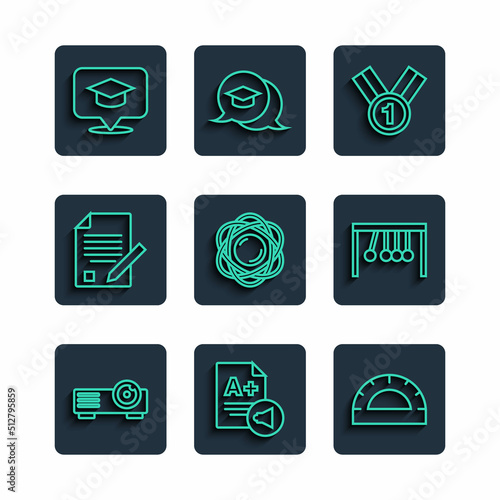 Set line Movie, film, media projector, Exam sheet with A plus grade, Protractor grid, Medal, Atom, and pencil, Graduation cap in speech bubble and Pendulum icon. Vector