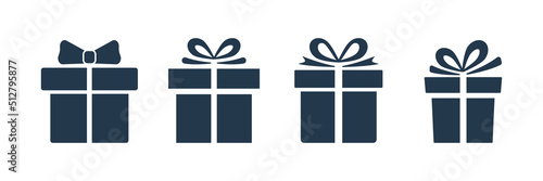 Gift box set. Presents black shape collection. Vector isolated on white.