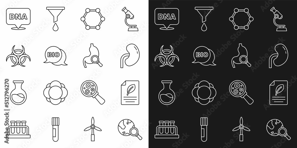 Set line Magnifying glass with globe, Eco paper leaf, Human kidney, Molecule, Bio healthy food, Biohazard symbol, DNA and Stomach magnifying icon. Vector Set line Magnifying glass with globe, Eco paper leaf, Human kidney, Molecule, Bio healthy food, Biohazard symbol, DNA and Stomach magnifying icon. Vector