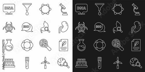 Set line Magnifying glass with globe, Eco paper leaf, Human kidney, Molecule, Bio healthy food, Biohazard symbol, DNA and Stomach magnifying icon. Vector
