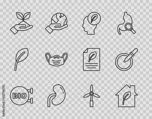 Set line Bio healthy food, Eco friendly house, Human head with leaf inside, kidney, Plant hand, Medical protective mask, Wind turbine and Petri dish pipette icon. Vector