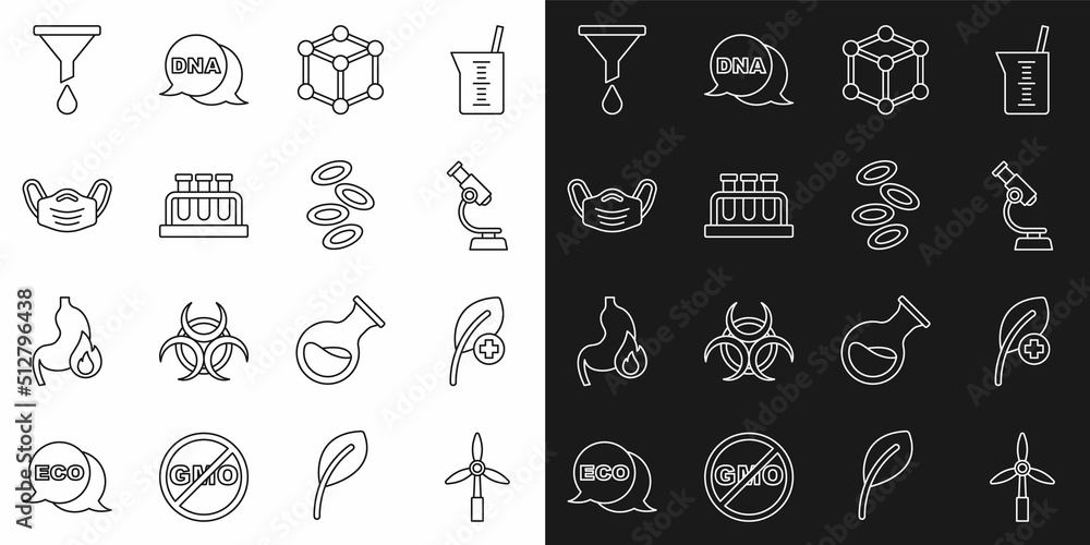 Set line Wind turbine, Leaf or leaves, Microscope, Molecule, Test tube and flask, Medical protective mask, Funnel filter and Hemoglobin icon. Vector
