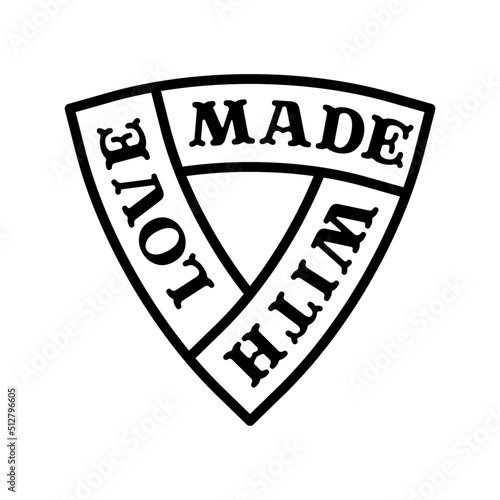 stamp withtriangle badge with text "made wth love". vintage badge outline the word sale