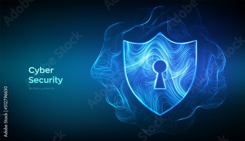 Security shield. Cyber security. Shield With Keyhole icon formed from glowing thin lines. Protect and Security of Safe concept. Cyber data security or information privacy idea. Vector Illustration.