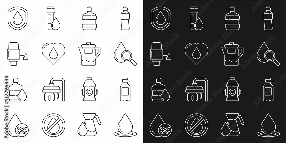 Set line Water drop, Bottle of water, Drop and magnifying glass, Big bottle with clean, Heart, Mechanical pump for, Waterproof and jug filter icon. Vector Set line Water drop, Bottle of water, Drop and magnifying glass, Big bottle with clean, Heart, Mechanical pump for, Waterproof and jug filter icon. Vector