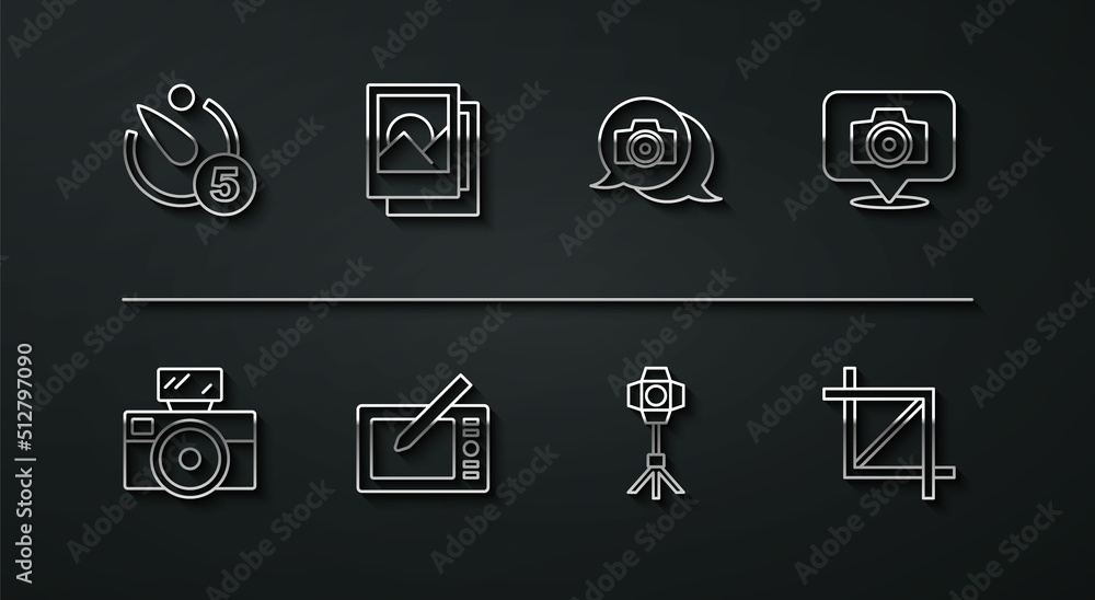 Set line Camera timer, Photo camera with flash, Softbox light, Graphic tablet, frame, Picture crop photo and icon. Vector Set line Camera timer, Photo camera with flash, Softbox light, Graphic tablet, frame, Picture crop photo and icon. Vector