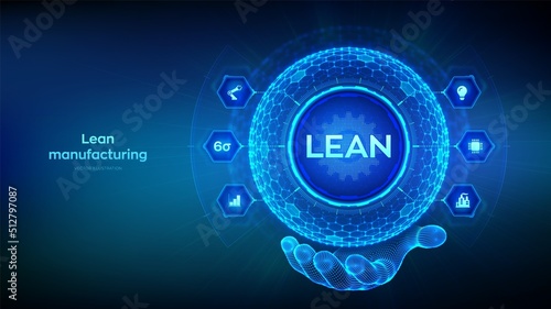 Lean. Six sigma smart industry, quality control, standardization. Lean manufacturing DMAIC. Business and industrial process optimisation concept. Hexagonal grid sphere in wireframe hand. Vector.