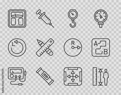 Set line Multimeter, voltmeter, Measuring height body, Hand scale spring mechanical, Construction bubble level, Bathroom scales, Crossed ruler pencil, Area measurement and Route location icon. Vector