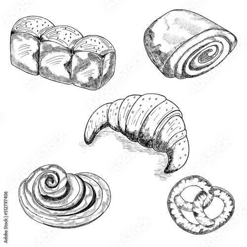 Bakery products. Black and white set. Croissant,jam bun, bagel, buns with poppy seeds. An illustration highlighted on a white background.Drawing by hand