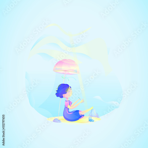 Young woman  girl with cat pet sitting on a beach. The female is located under colorful sun umbrella  sunshade  she is putting her feet on the stone and drawing  writing something.