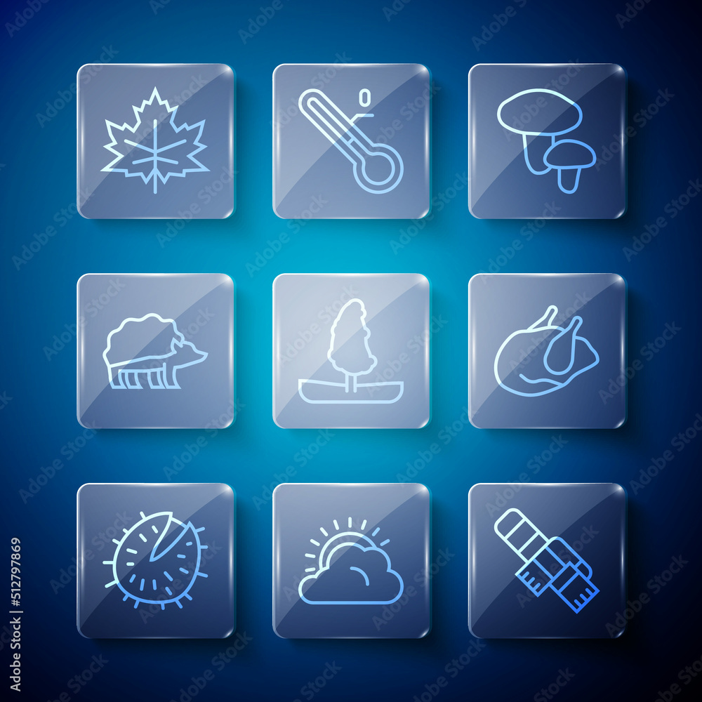 Set line Chestnut, Sun and cloud weather, Winter scarf, Mushroom, Tree, Hedgehog, Leaf or leaves and Roasted turkey chicken icon. Vector Set line Chestnut, Sun and cloud weather, Winter scarf, Mushroom, Tree, Hedgehog, Leaf or leaves and Roasted turkey chicken icon. Vector