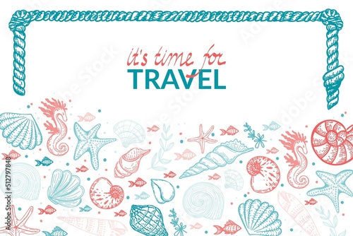 Banner with sea creatures on white background. Design for tourist business advertising, for seafood grocery stores. Shells, fish, clams and algae. Hand-drawn doodles in sketch style