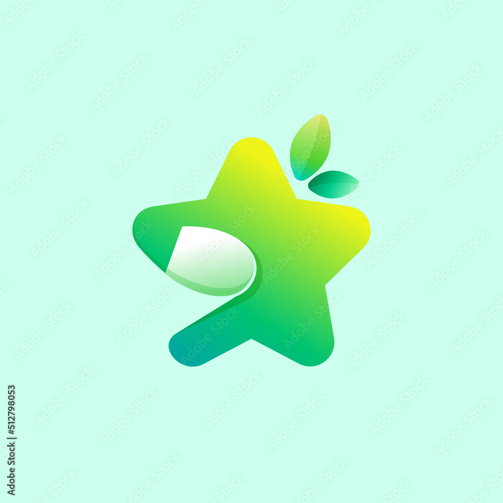 Star icon with curled corner and green leaves. Negative space style emblem. Star icon with curled corner and green leaves. Negative space style emblem.