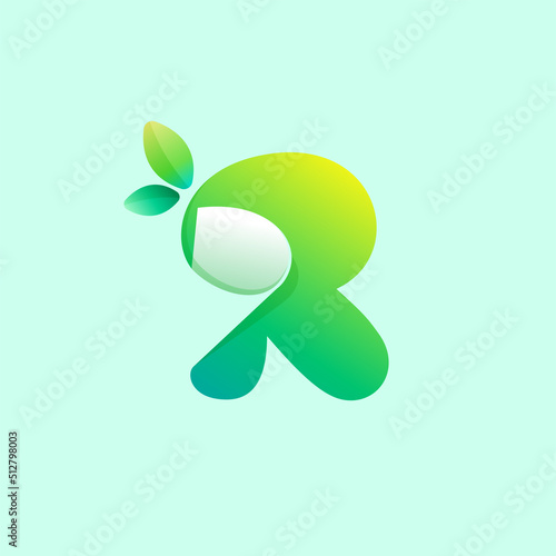R letter eco logo with curled corner and green leaves. Negative space style icon.