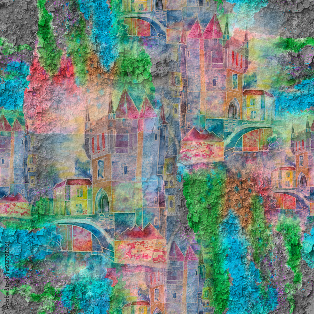 Obraz premium Graffiti of old town on the wall with watercolor splash. Seamless pattern.