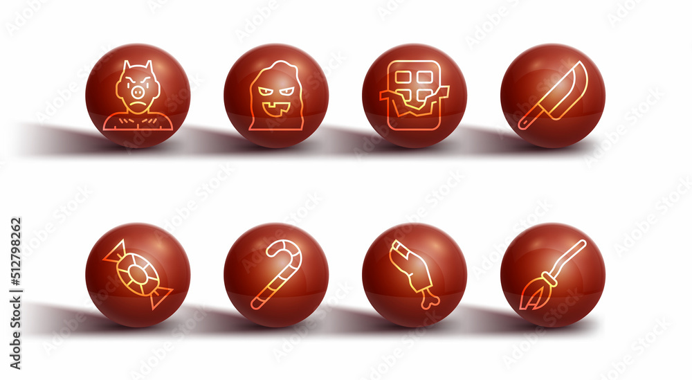 Set line Krampus, heck, Candy, Knife, Zombie finger, Christmas candy cane, Funny scary ghost mask, Witches broom and Chocolate bar icon. Vector Set line Krampus, heck, Candy, Knife, Zombie finger, Christmas candy cane, Funny scary ghost mask, Witches broom and Chocolate bar icon. Vector