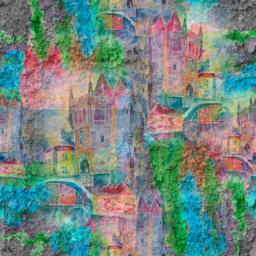 Graffiti of old town on the wall with watercolor splash. Seamless pattern.