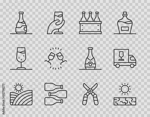 Set line Vineyard wine grapes, Drought, Bottles of box, Wine tasting, degustation, Gardening scissors and truck icon. Vector