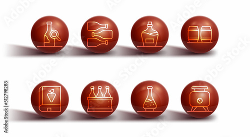 Set line Bottle of wine, Book about grapes, Wooden barrel for, Decanter, Bottles box, Fermentation and Old bottle icon. Vector