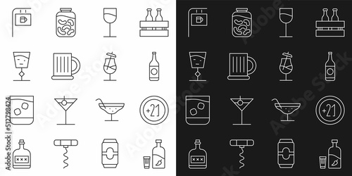 Set line Vodka with pepper and glass, Alcohol 21 plus, Beer bottle, Wine, Wooden beer mug, Street signboard Bar and Cocktail icon. Vector